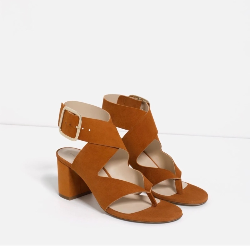 ZARA Faux Suede Leather High Heel Sandals With Buckle Wraparound Strap Tan 6US - Picture 3 of 11